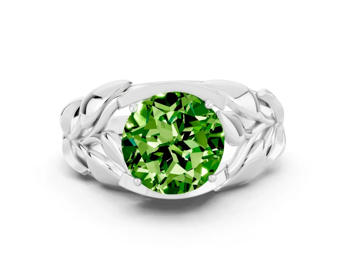 Round Cut Peridot Leaf-Inspired Engagement Ring with Round Accents and Prong Setting Silver