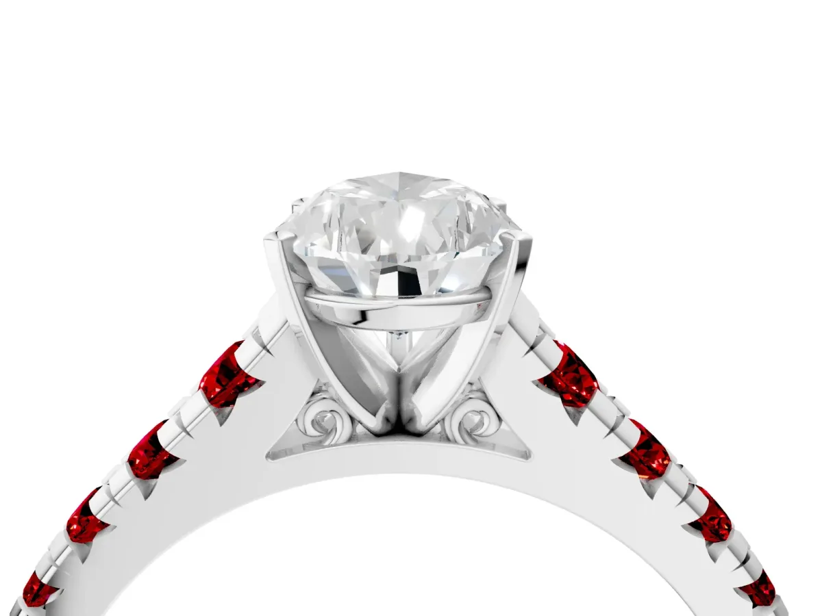 Pear Cut Diamond Cathedral Solitaire Ring with Round Ruby Pavé Band Silver