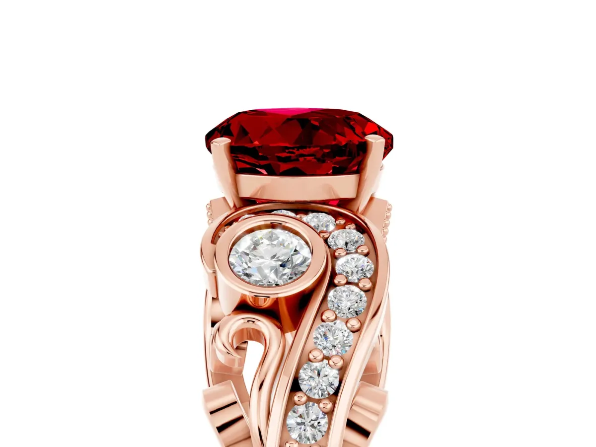 Round Cut Ruby Solitaire Ring with Milgrain Pavé Band and Four-Prong Setting Rose gold