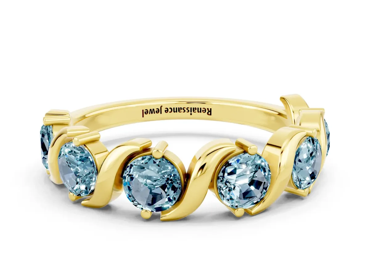 Six-Stone Round Aquamarine Wave Band with Shared Prong Setting Yellow gold