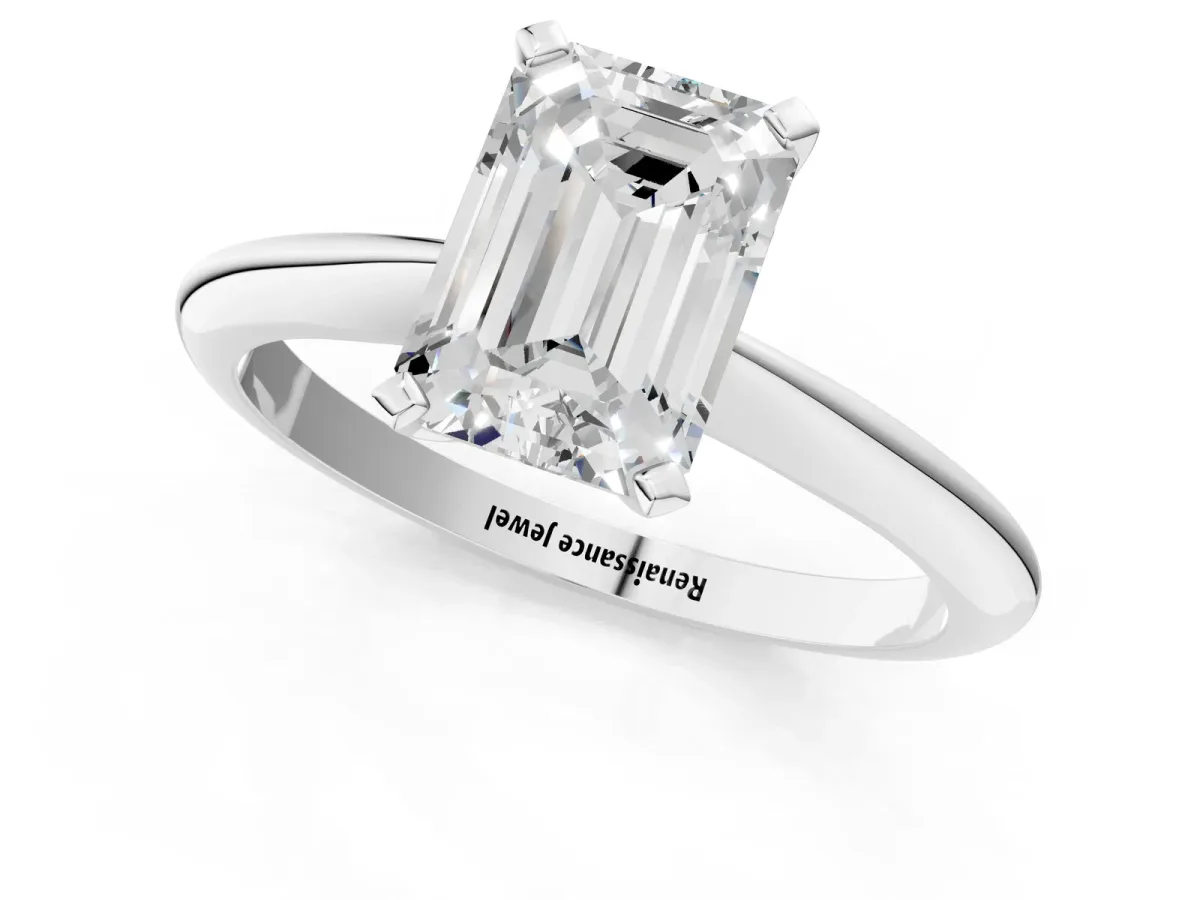 Emerald Cut Diamond Solitaire Engagement Ring with Classic Band and Four-Prong Setting Silver
