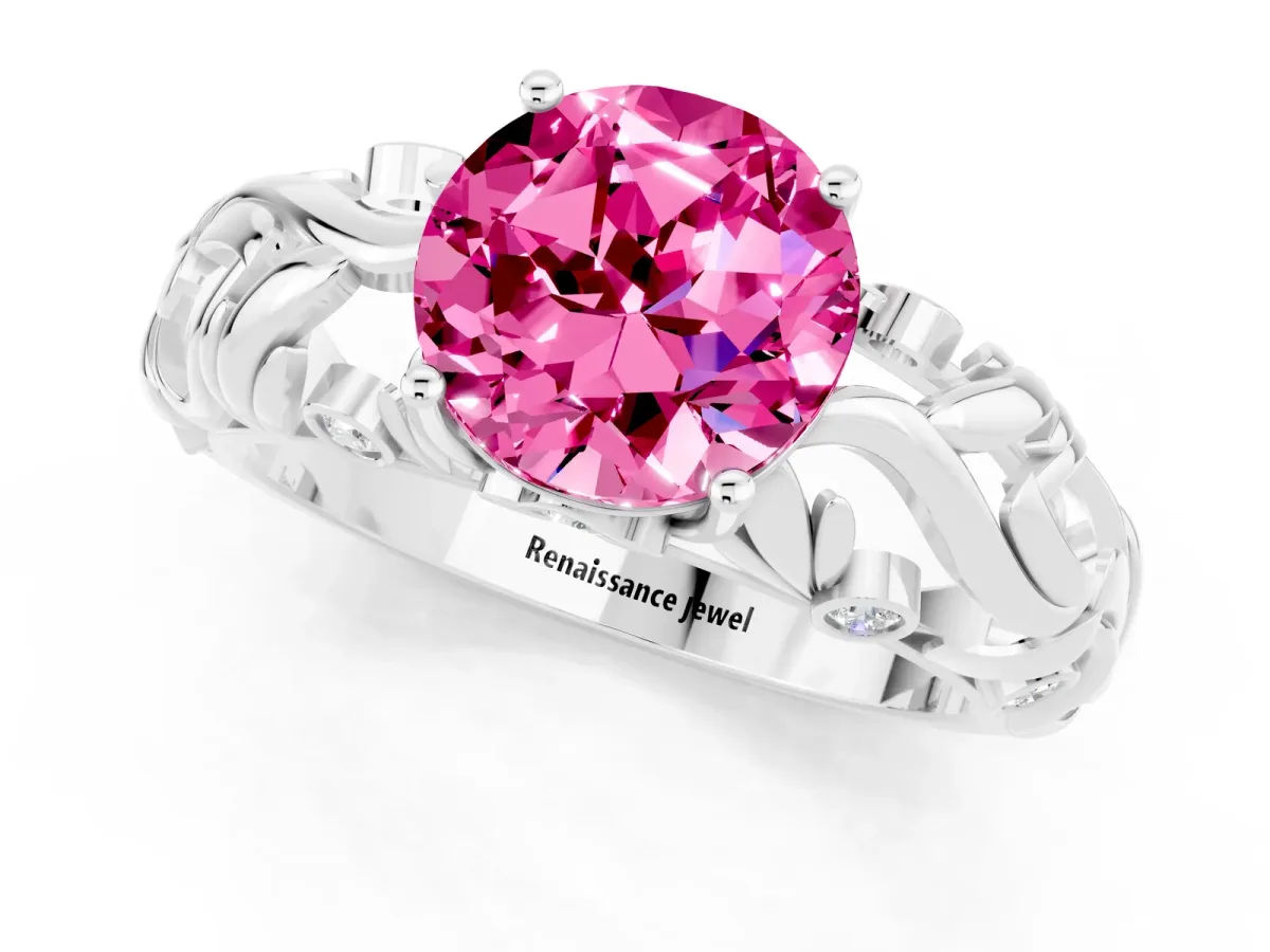 Round Cut Solitaire Pink Sapphire Leaf-Inspired Vine Band Ring with Prong Setting Silver