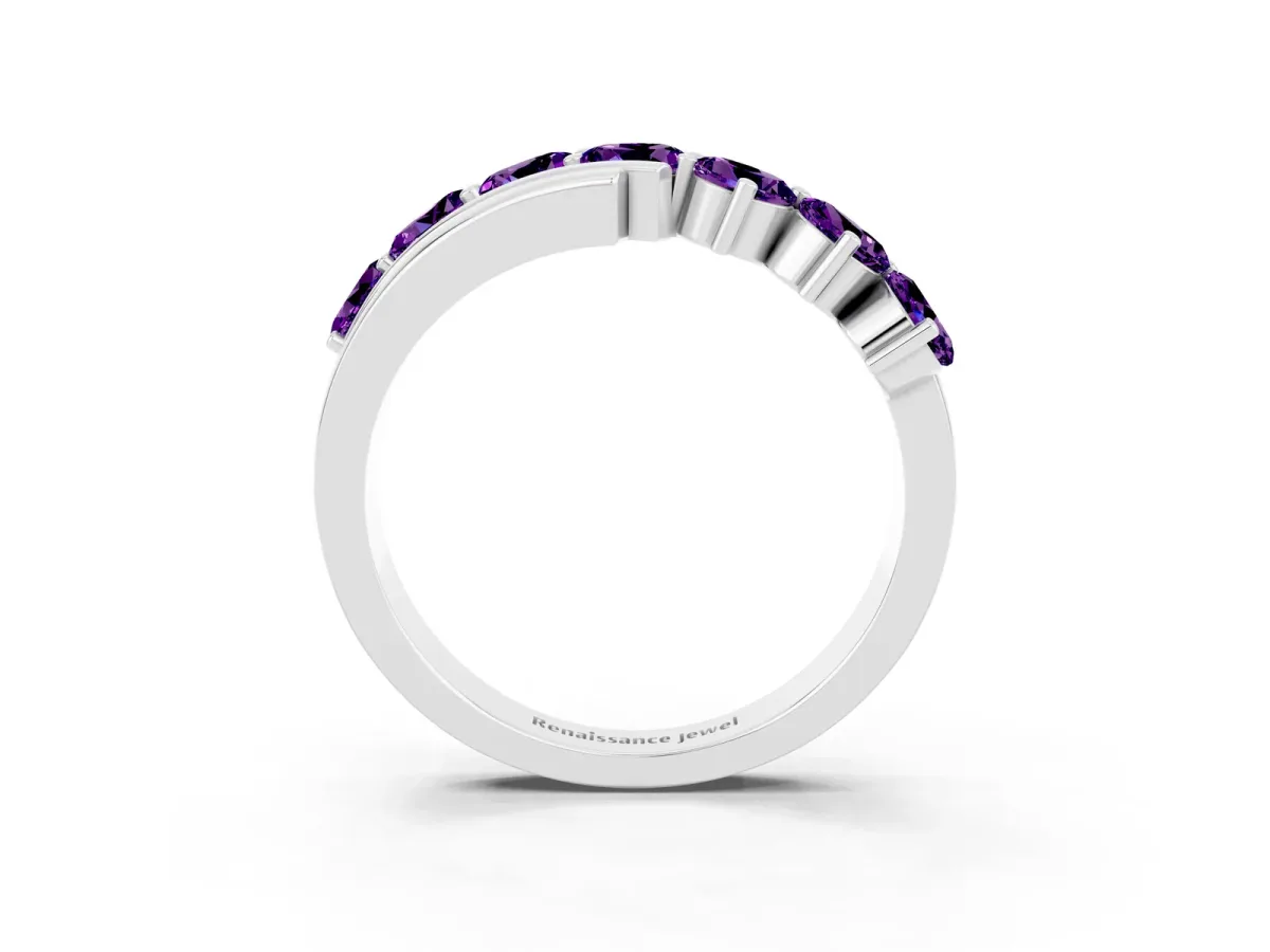 Round Amethyst Wave Band with Channel and Shared Prong Setting White gold