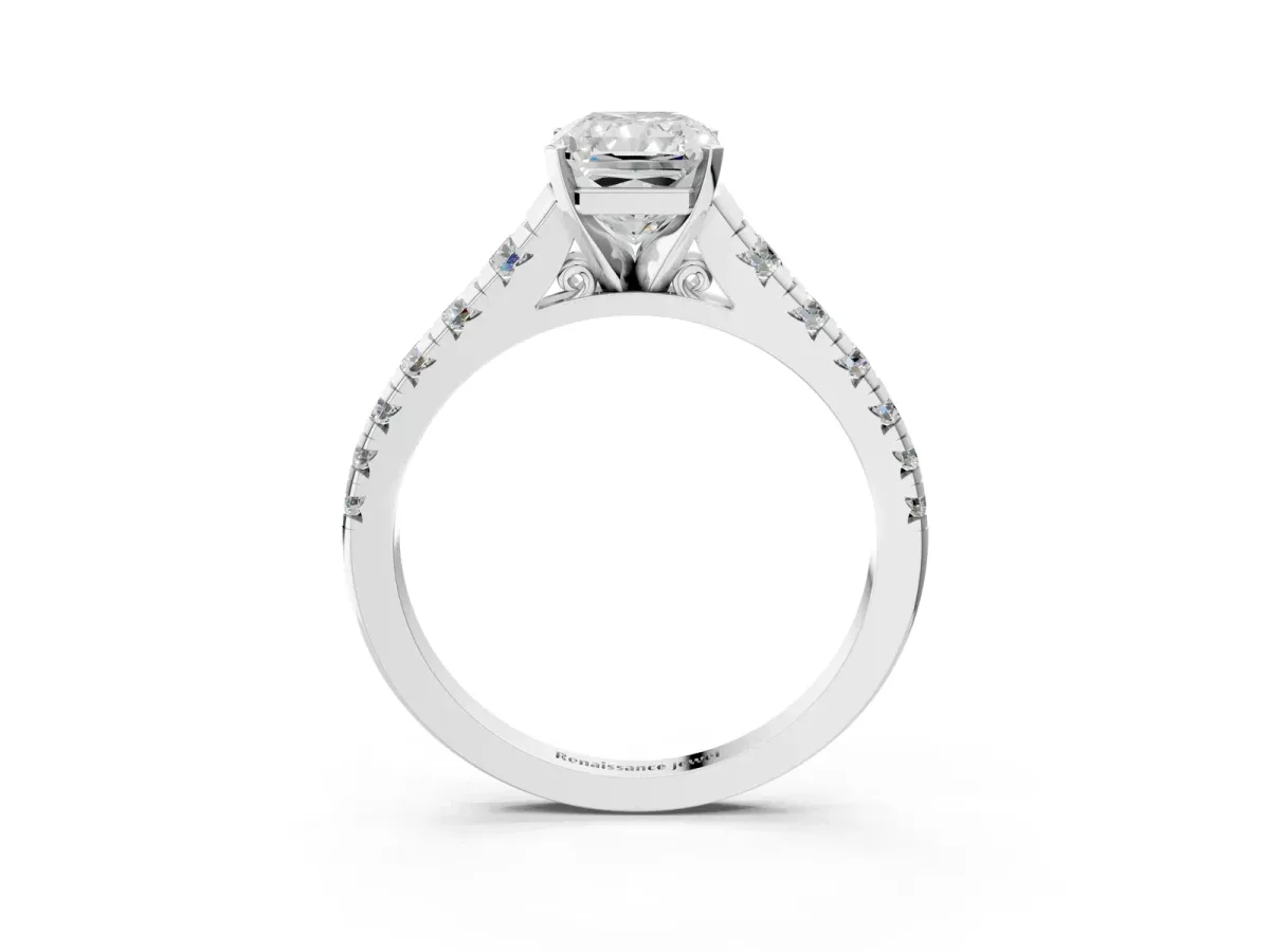 Radiant Cut Diamond Cathedral Solitaire Ring with Round Pavé Band Platinum