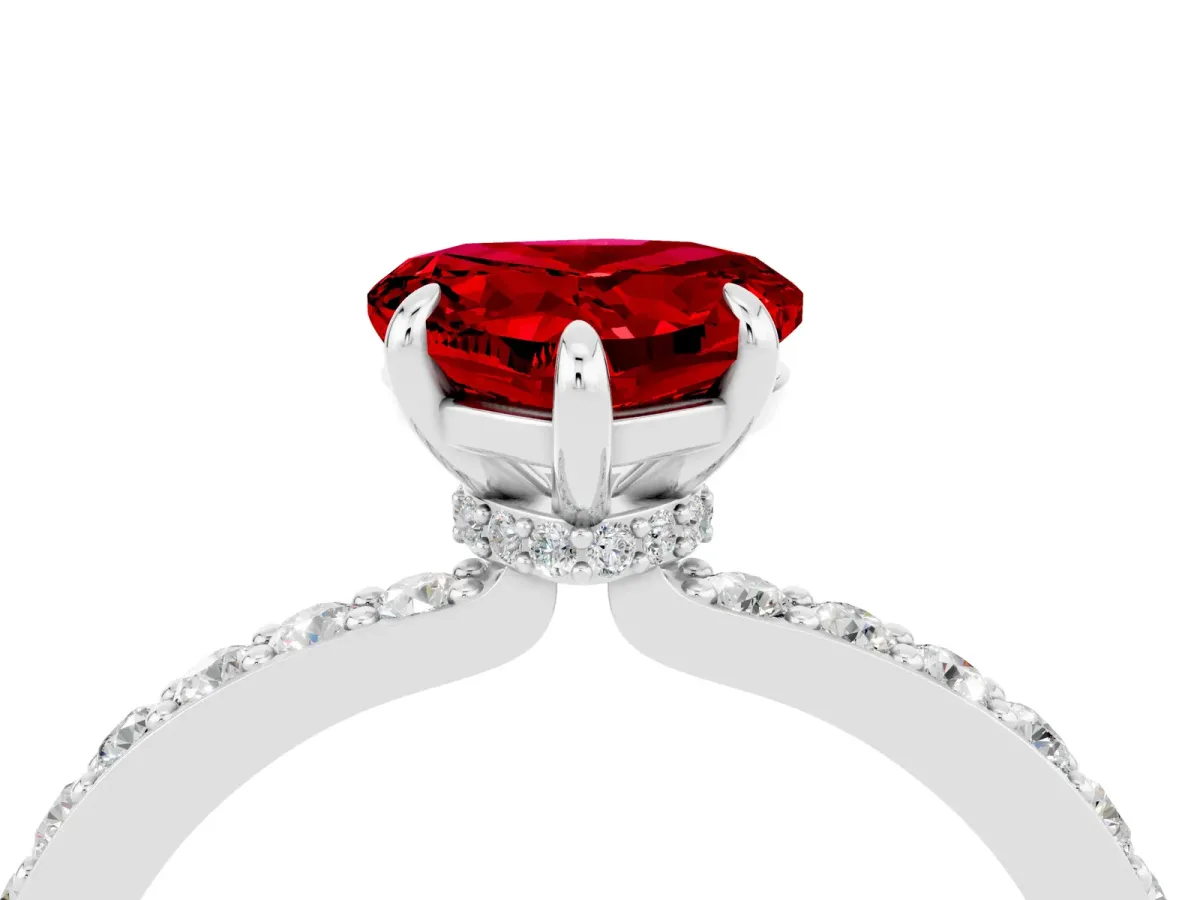 Heart Cut Ruby Solitaire Engagement Ring with Pavé Band and Four-Prong Setting Platinum