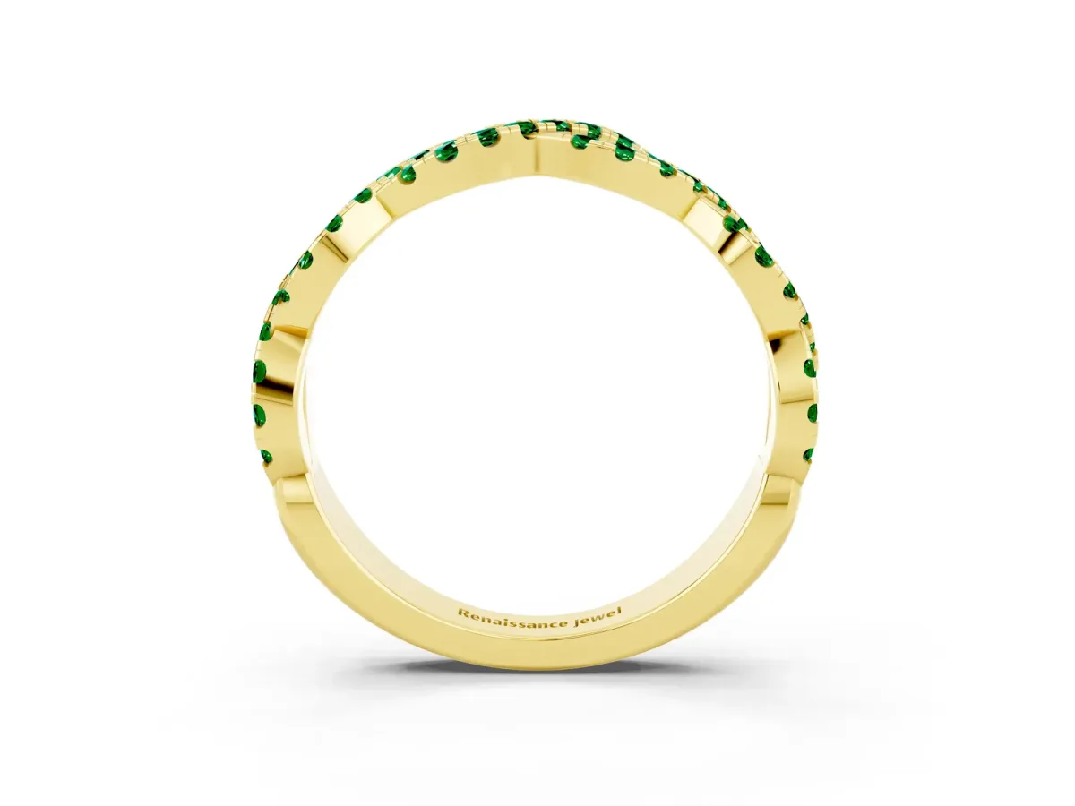 Round Emerald Twisted Eternity Band with Pavé and Shared Prong Setting Yellow gold