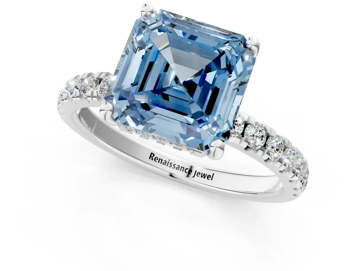 Fancy Blue Asscher Cut Diamond Pave Band Solitaire Ring with Round and Prong Setting Platinum