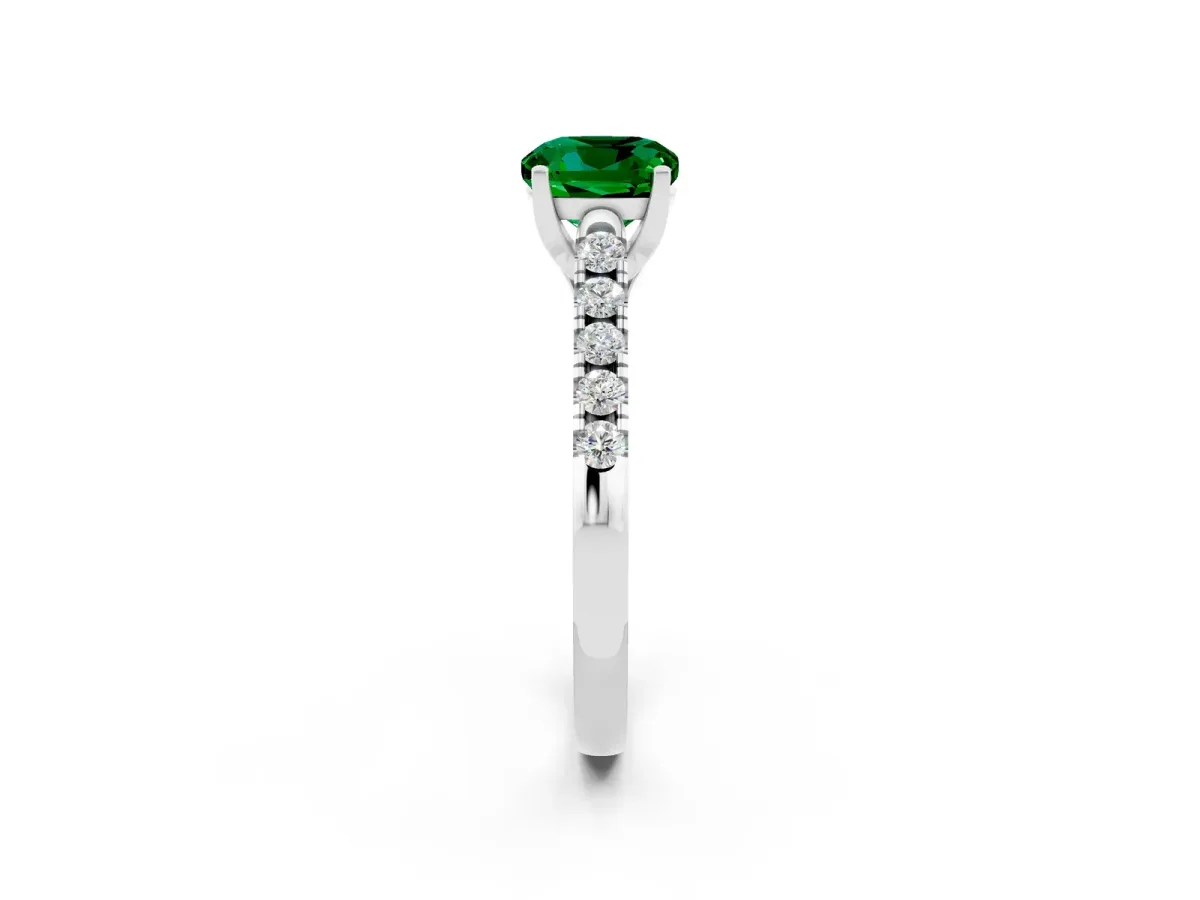 Cushion Cut Emerald Pavé Band Solitaire Ring with Prong Setting Platinum