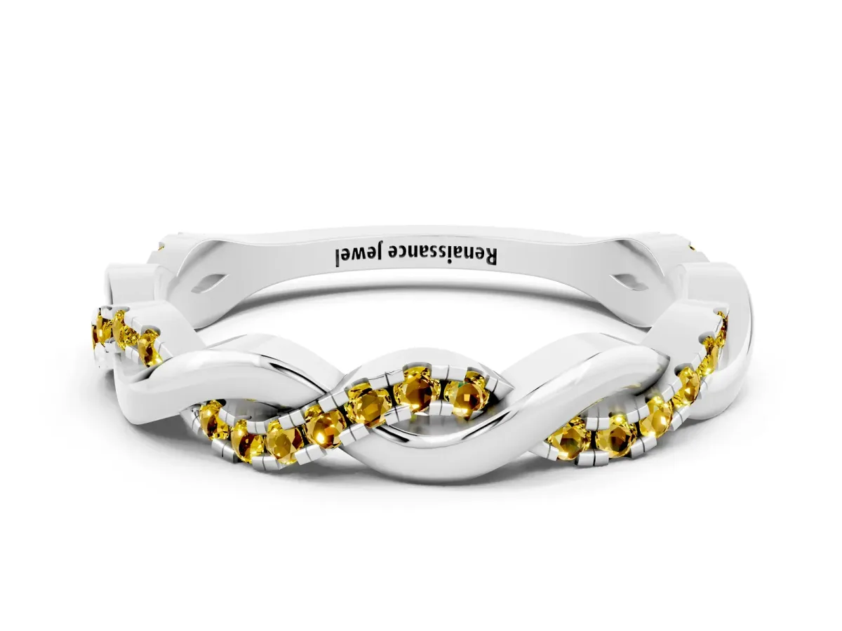 Round Yellow Sapphire Twist Eternity Band with Pavé Setting Silver