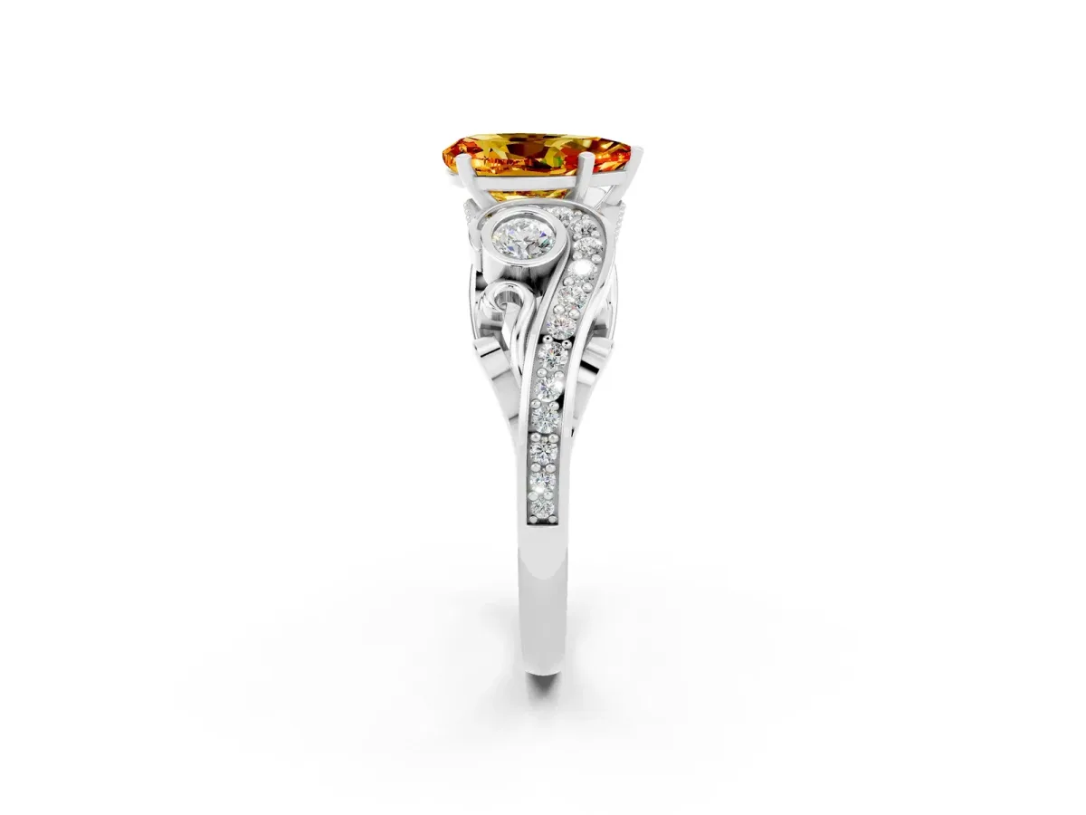 Pear Cut Citrine Solitaire Ring with Milgrain Pavé Band and Four-Prong Setting Silver