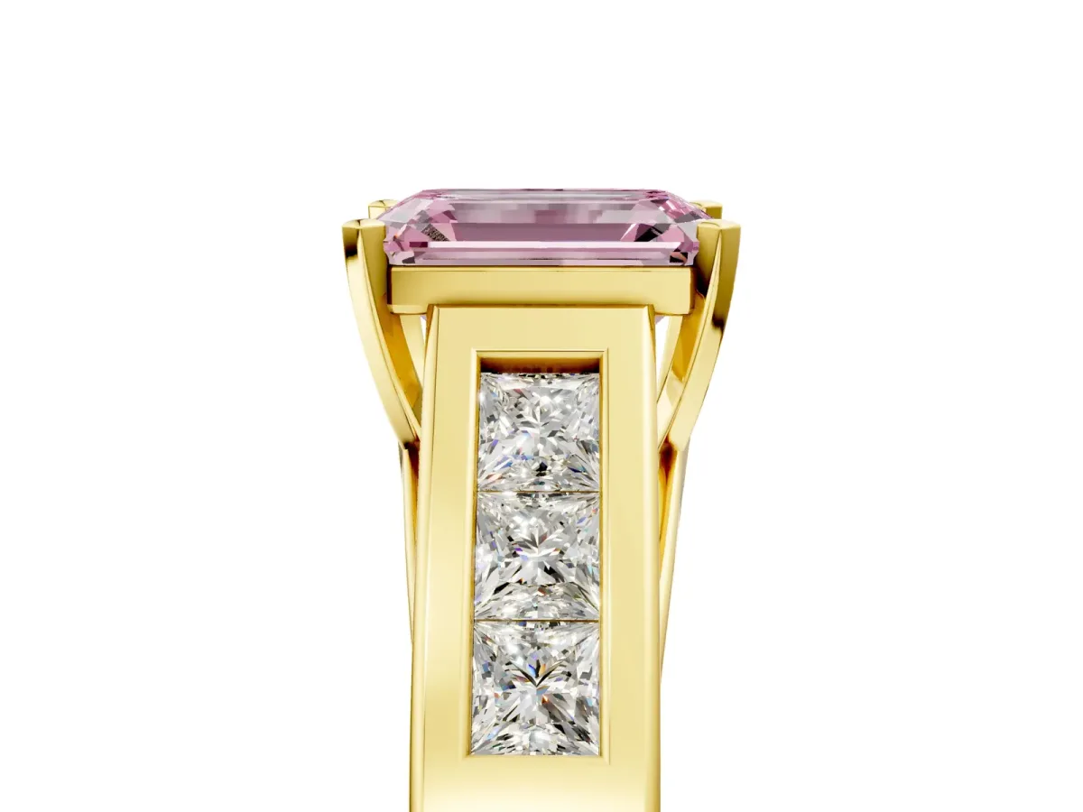 Fancy Pink Emerald Cut Cut Channel Set Solitaire Ring with Four-Prong Setting Yellow gold