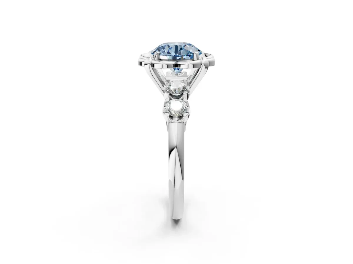 Fancy Blue Round Cut Cut Diamond Floral Halo Engagement Ring with Shared Prong Setting Silver