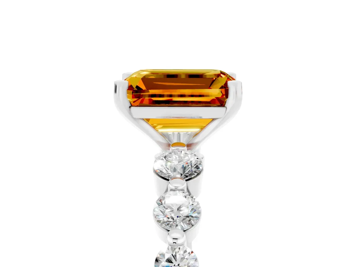Emerald Cut Solitaire Citrine Ring with Pave Band and Four-Prong Setting Platinum