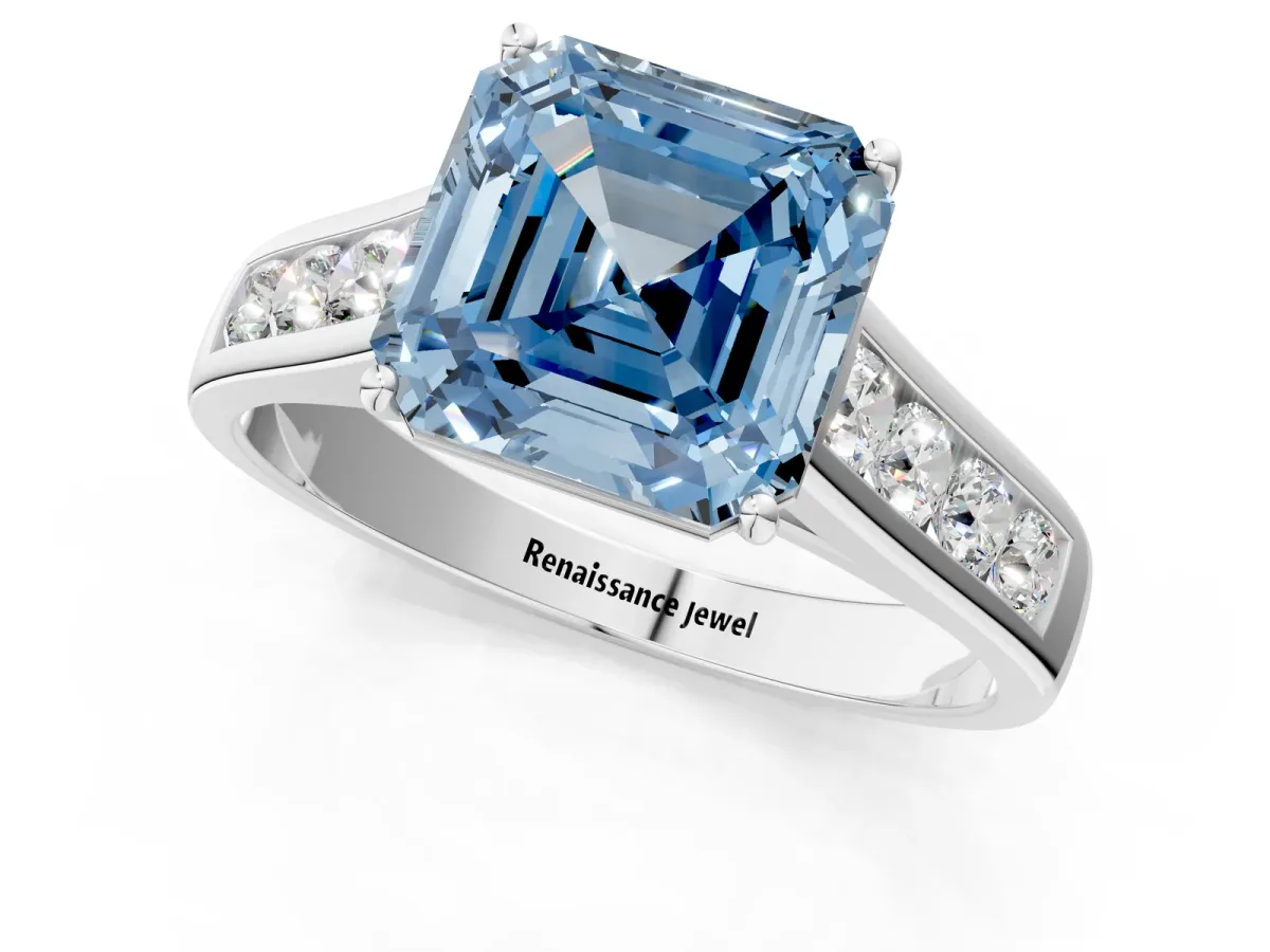 Fancy Blue Asscher Cut Brilliant Channel-Set Solitaire Ring with Four-Prong Setting Platinum
