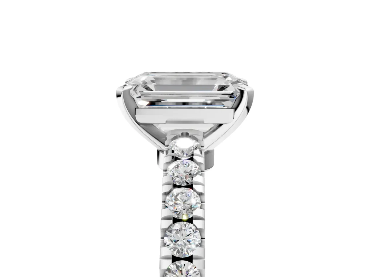 Emerald Cut Solitaire Diamond with Pavé Band and Four-Prong Setting White gold