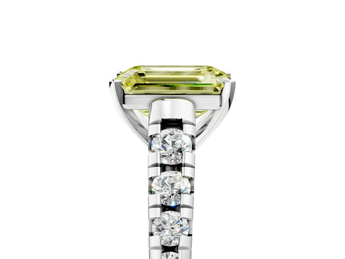 Fancy Yellow Emerald Cut Diamond Cathedral Solitaire Ring with Round Pavé Band Silver
