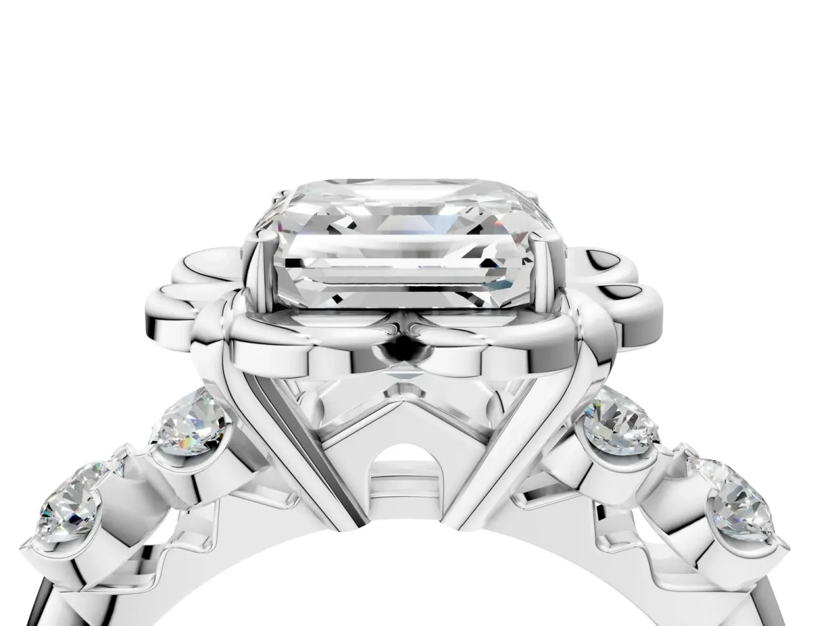 Asscher Cut Cut Diamond Floral Halo Engagement Ring with Shared Prong Setting Silver