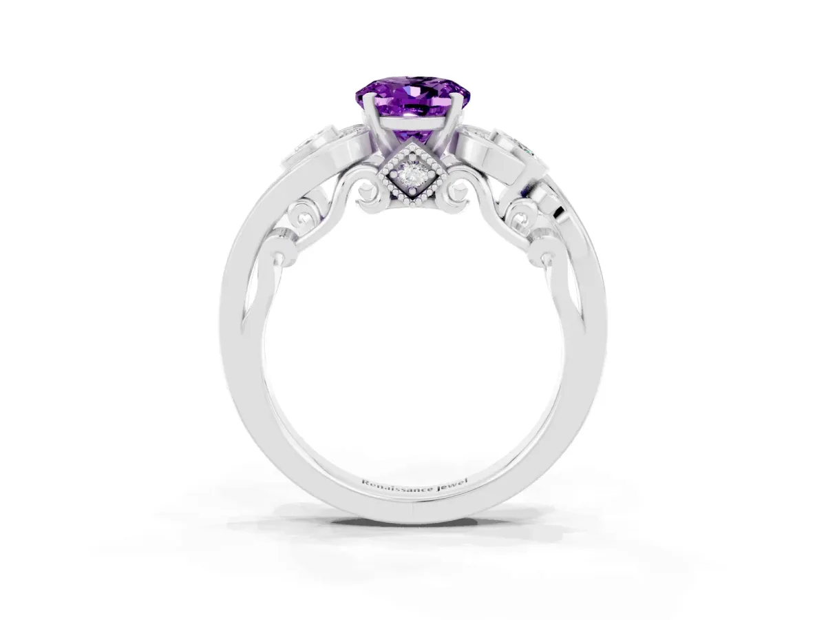 Oval Cut Amethyst Solitaire Ring with Milgrain Pavé Band and Four-Prong Setting Silver
