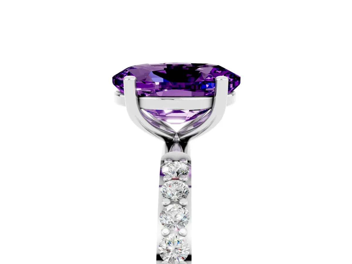 Oval Cut Amethyst Solitaire Ring with Round Pavé Band and Prong Setting Platinum