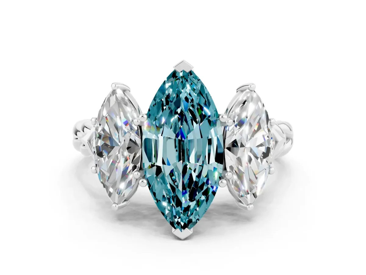 Three-Stone Marquise Cut Blue Topaz Braided Band Ring with Four-Prong Setting Platinum