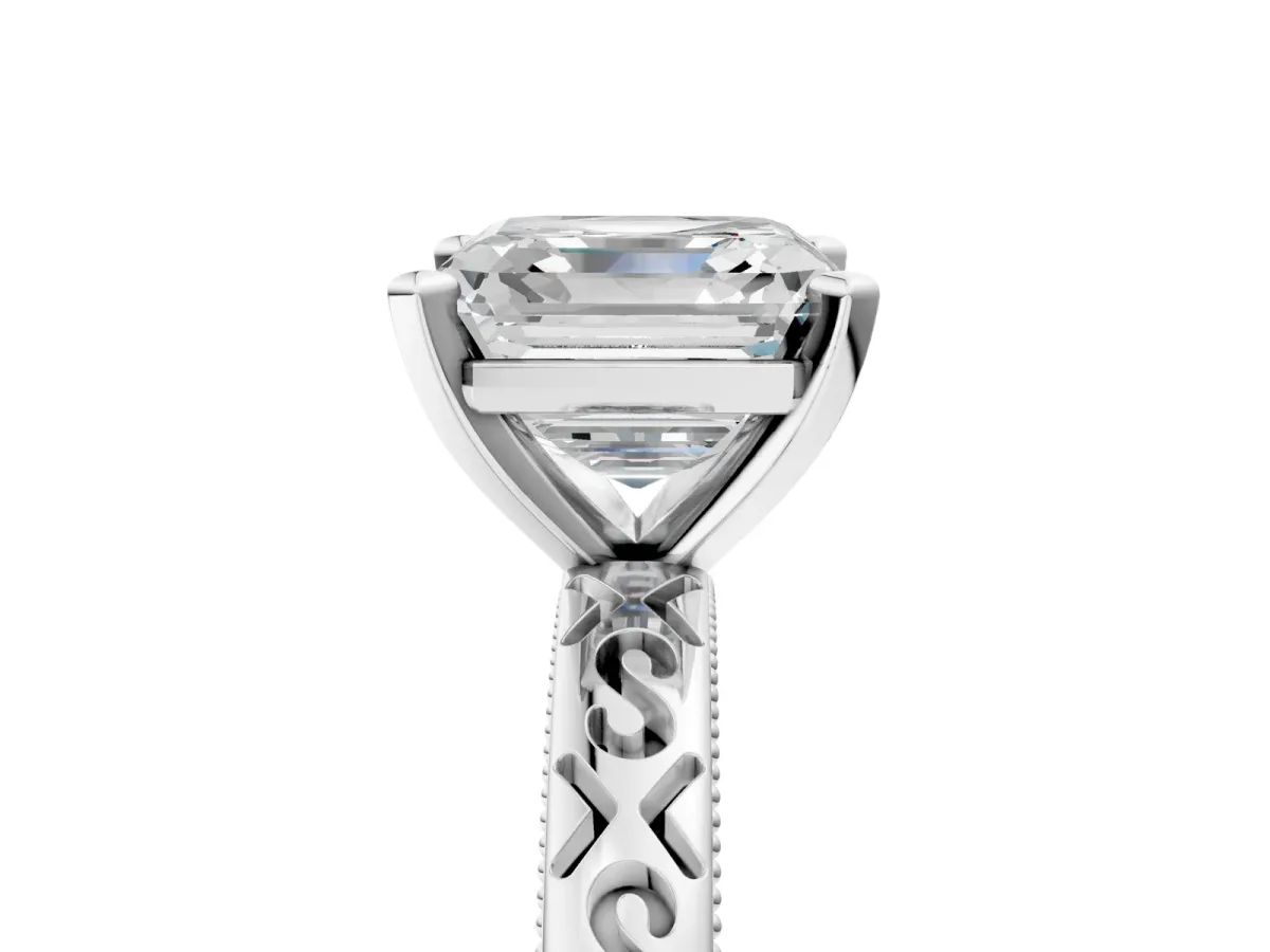 Asscher Cut Solitaire Engagement Ring with Scrollwork Band and Four-Prong Setting Platinum