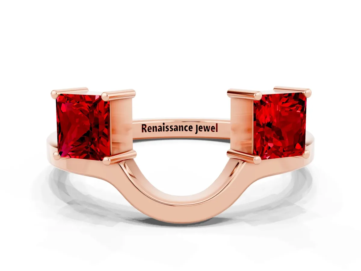 Princess Cut Ruby Two-Stone Open Band Ring with Four-Prong Setting Rose gold