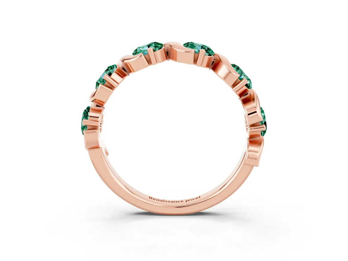 Round Green Sapphire Half Eternity Band with Wave Prong Setting Rose gold