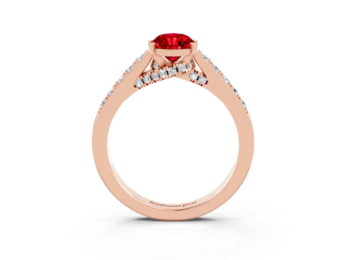 Pear Cut Ruby Solitaire Ring with Crossover Gallery and Round Pavé Band Rose gold