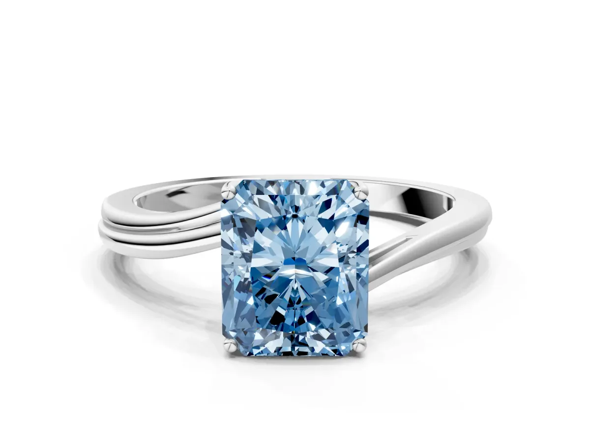 Fancy Blue Radiant Cut Cut Solitaire Twist Band Ring with Four-Prong Setting Platinum