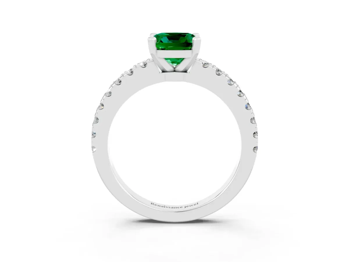 Cushion Cut Solitaire Emerald with Pavé Band and Four-Prong Setting Silver