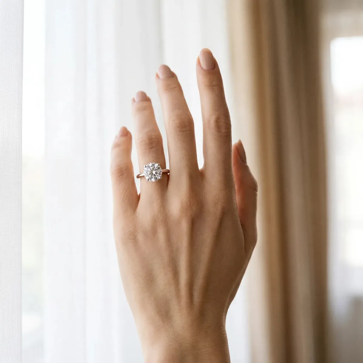 Round Cut Diamond Solitaire Engagement Ring with Classic Band and Four-Prong Setting Silver