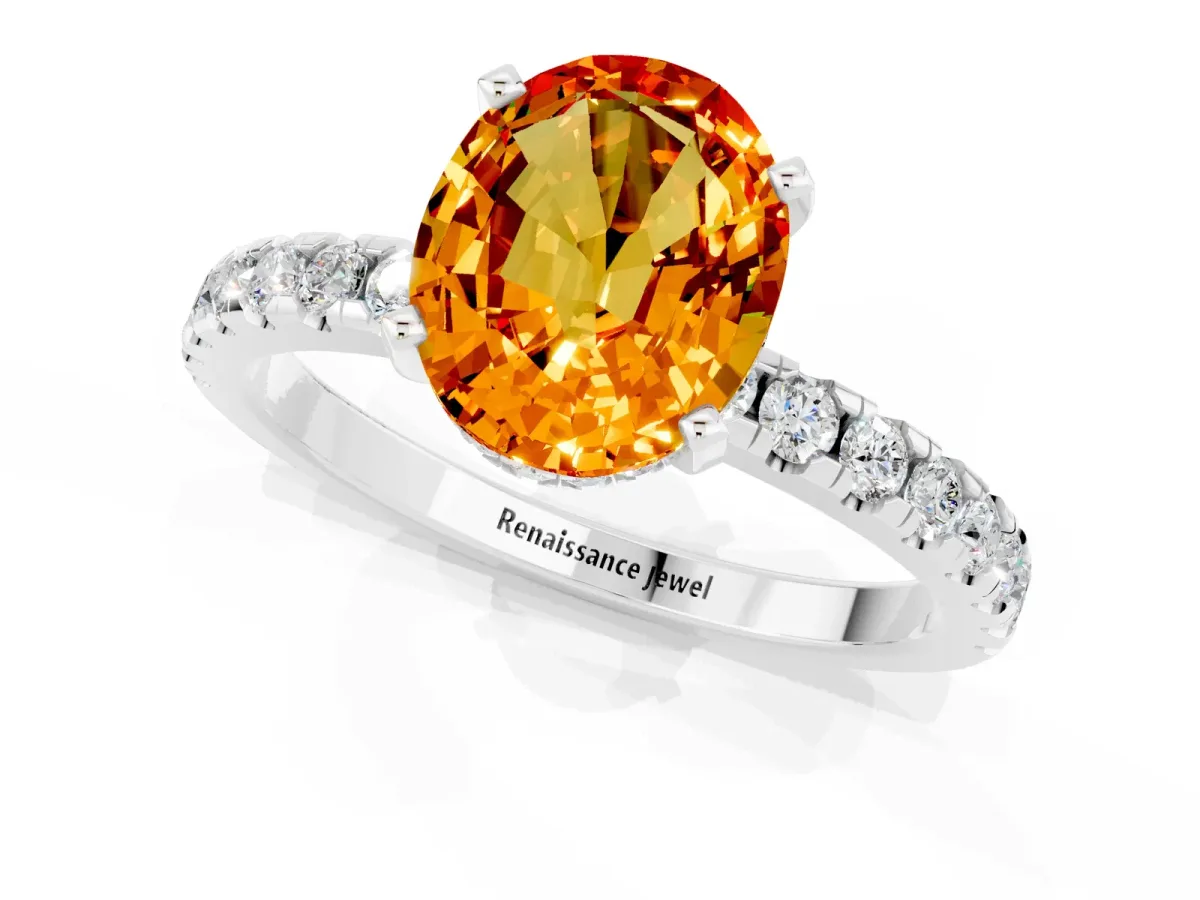 Oval Cut Citrine Solitaire Ring with Round Pavé Band and Four-Prong Setting Silver