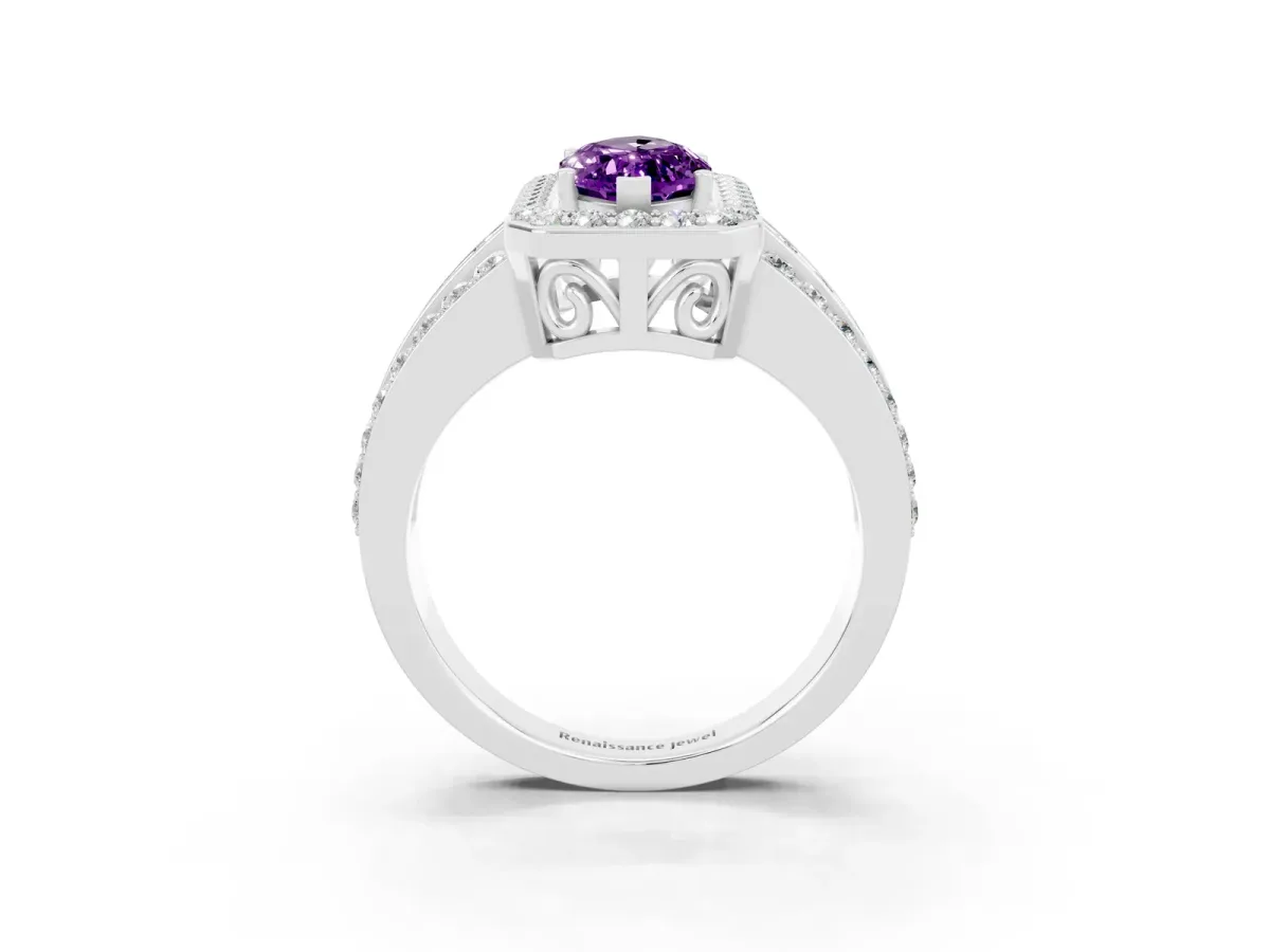 Marquise Cut Halo Amethyst Ring with Round Split Shank and Prong Setting Silver