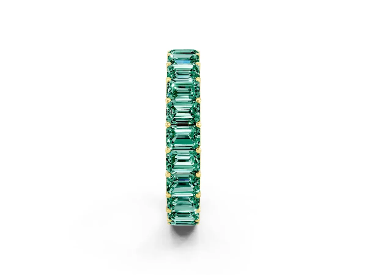 Emerald Cut Green Sapphire Eternity Band with Shared Prong Setting Yellow gold