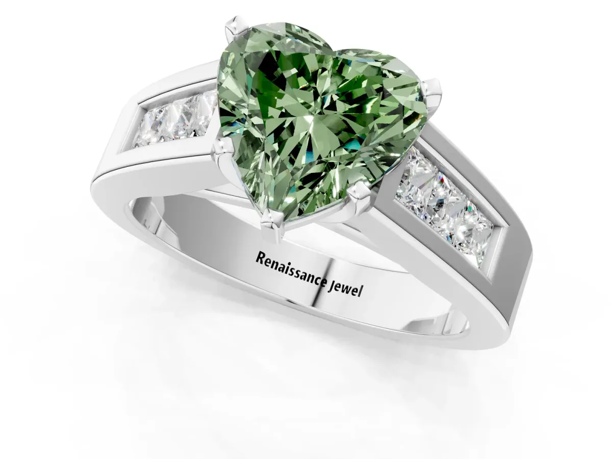 Fancy Green Heart Cut Cut Channel Set Solitaire Ring with Four-Prong Setting Platinum