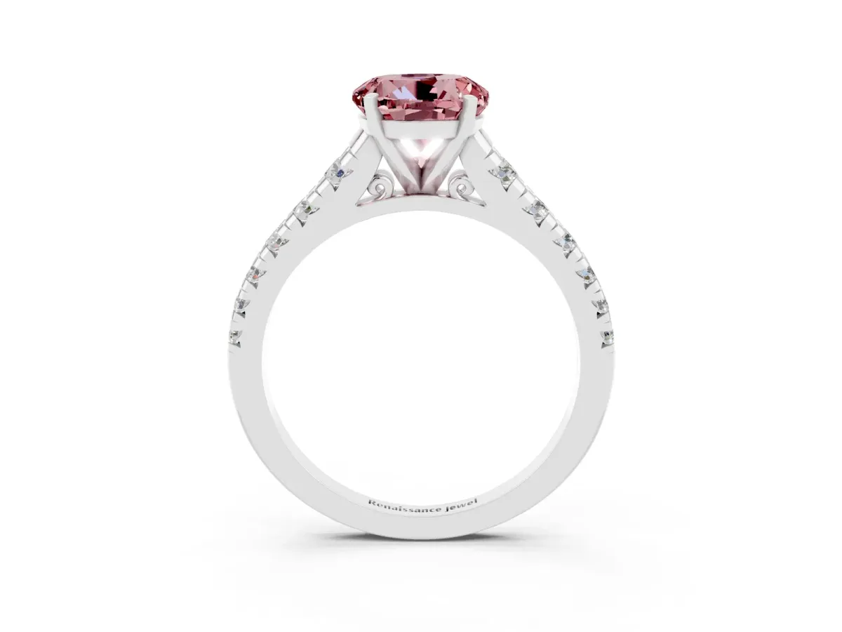 Round Cut Morganite Cathedral Solitaire Ring with Round Pavé Band Platinum