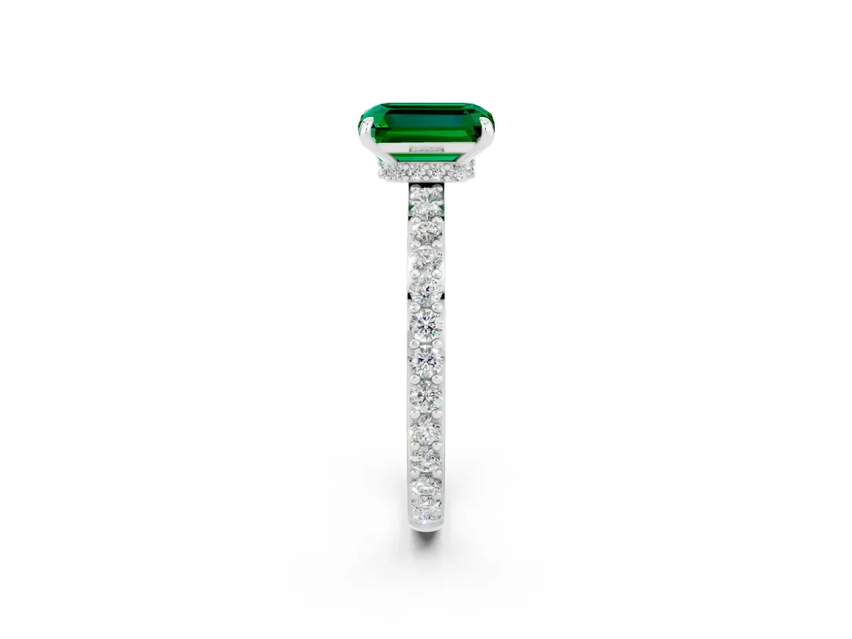 Emerald Cut Emerald Solitaire Engagement Ring with Pavé Band and Four-Prong Setting Platinum