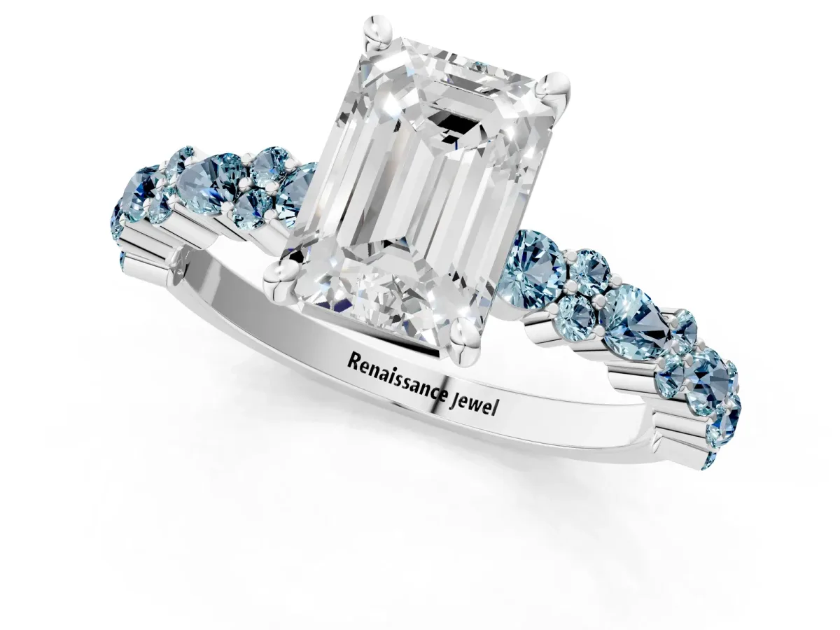 Emerald Cut Diamond Side Stone Solitaire Ring with Round Aquamarine and Four-Prong Setting Silver