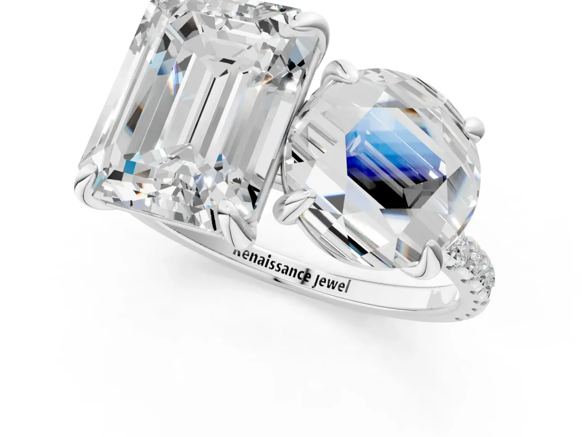 Round and Emerald Toi Moi Ring with Prong Setting and Micro Pave Band Silver