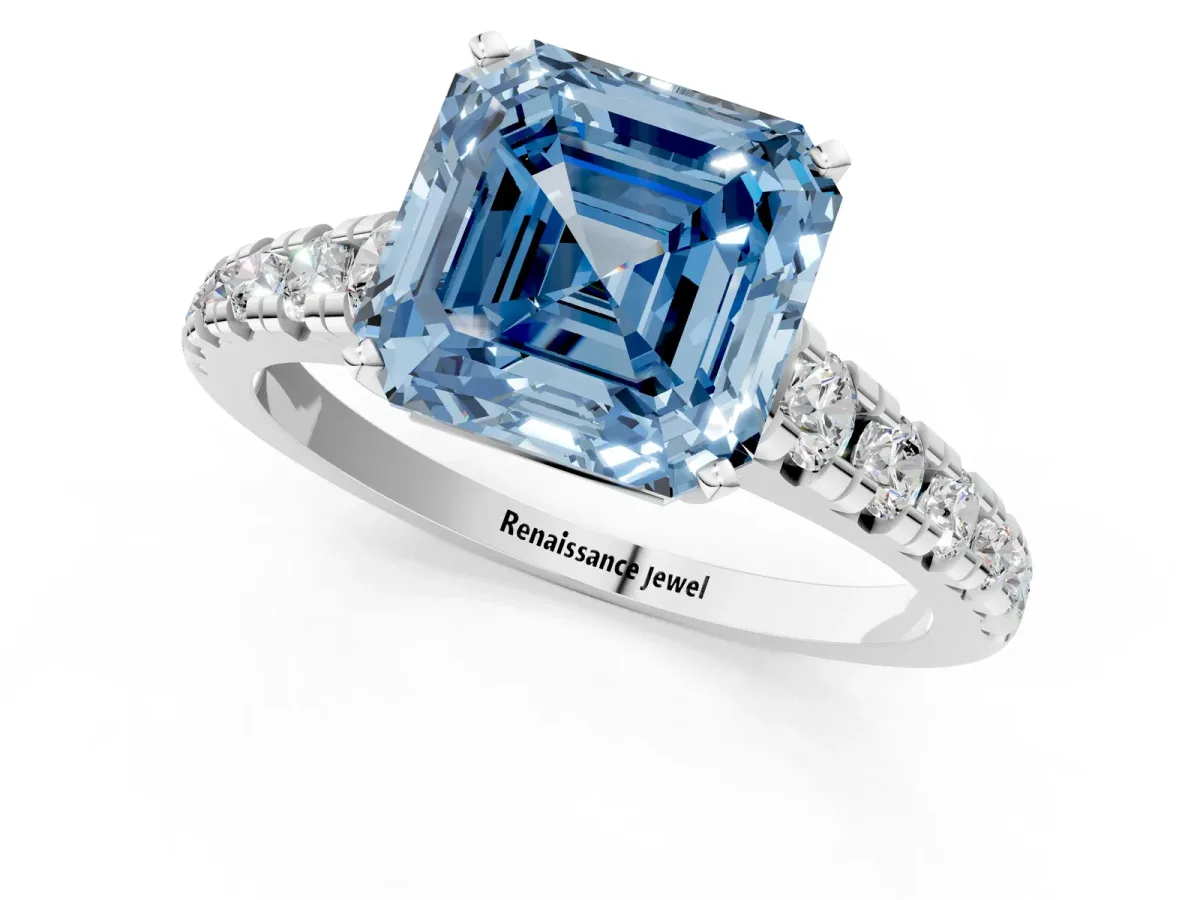 Fancy Blue Asscher Cut Diamond Cathedral Solitaire Ring with Round Pavé Band Platinum