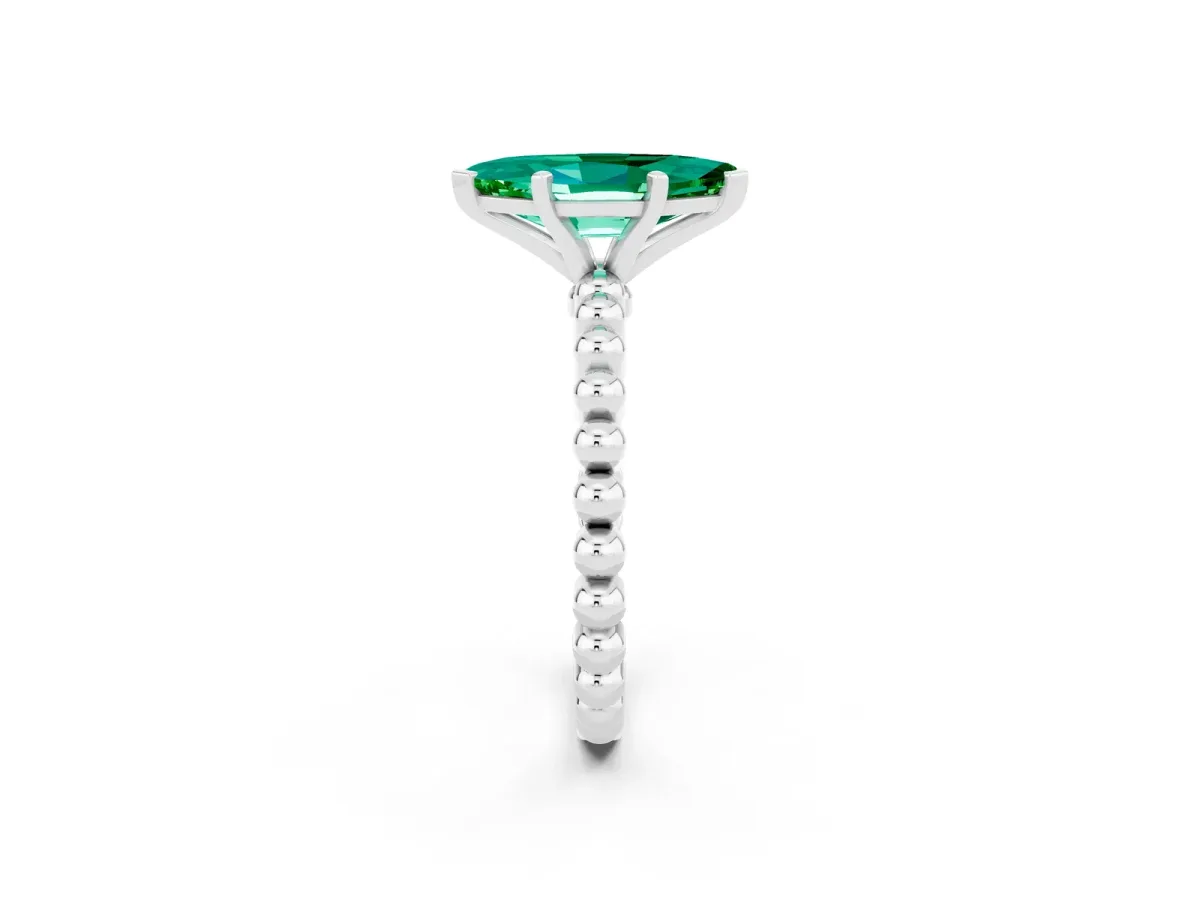Marquise Cut Emerald Solitaire Ring with Beaded Band and Prong Setting Platinum