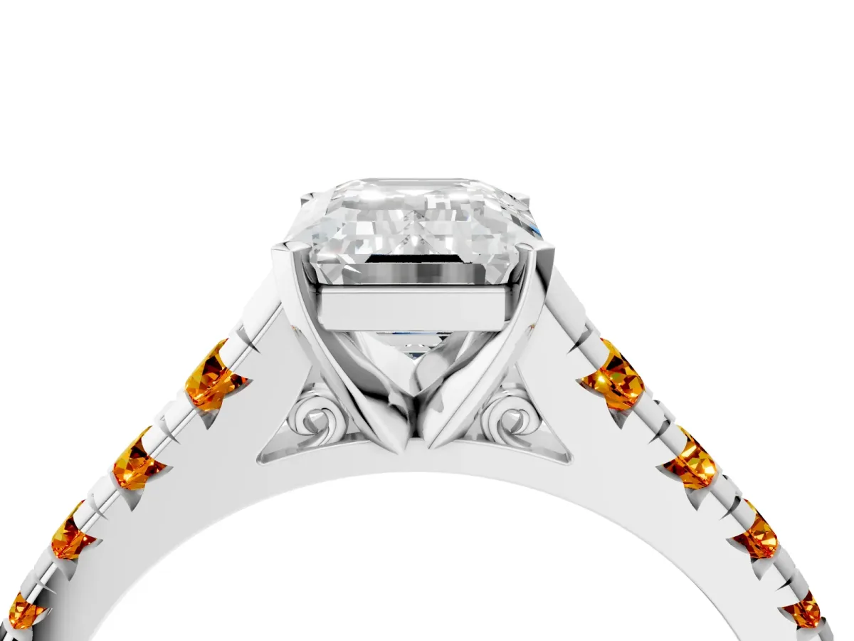 Emerald Cut Diamond Cathedral Solitaire Ring with Round Citrine Pavé Band Silver