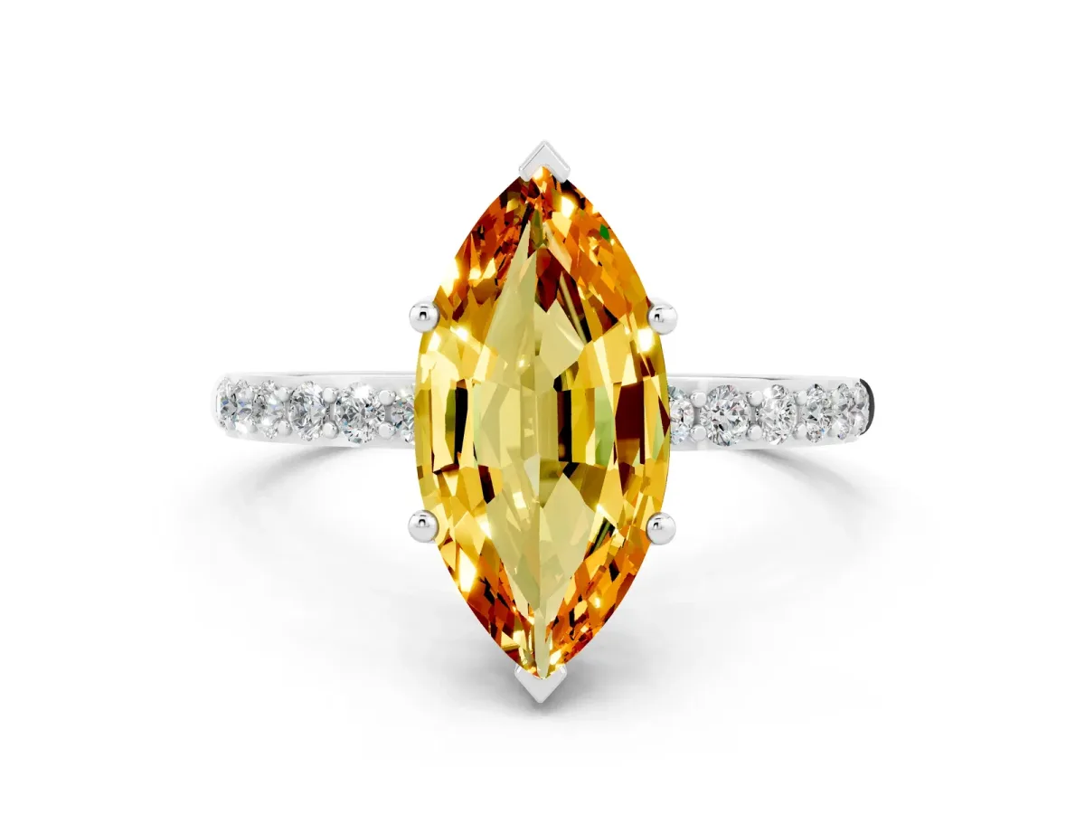 Marquise Cut Citrine Solitaire Ring with Round Pavé Band and Prong Setting Silver