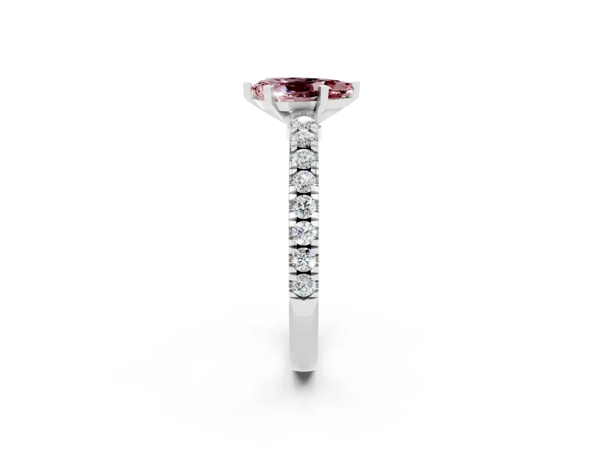 Pear Cut Solitaire Morganite with Pavé Band and Four-Prong Setting Silver