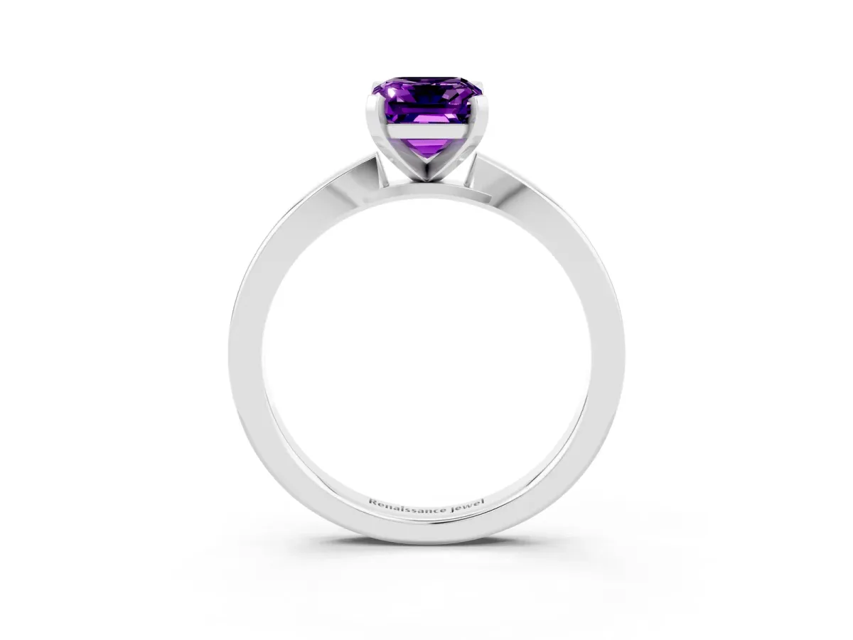 Emerald Cut Amethyst Solitaire Engagement Ring with Classic Band and Four-Prong Setting Silver