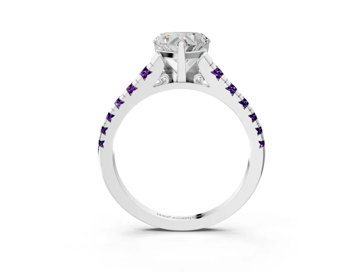 Heart Cut Diamond Cathedral Solitaire Ring with Round Amethyst Pavé Band Silver
