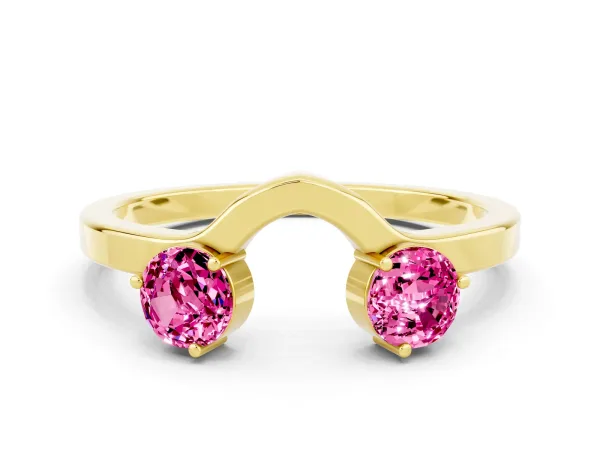 Dual Round Pink Sapphire Open Band Ring with Prong Setting Yellow gold