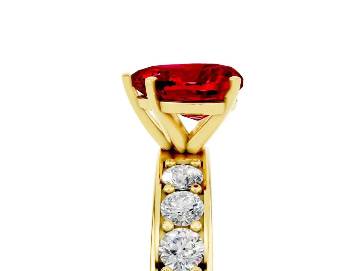 Heart Cut Ruby Engagement Ring with Channel Set Round Band and Prong Setting Yellow gold
