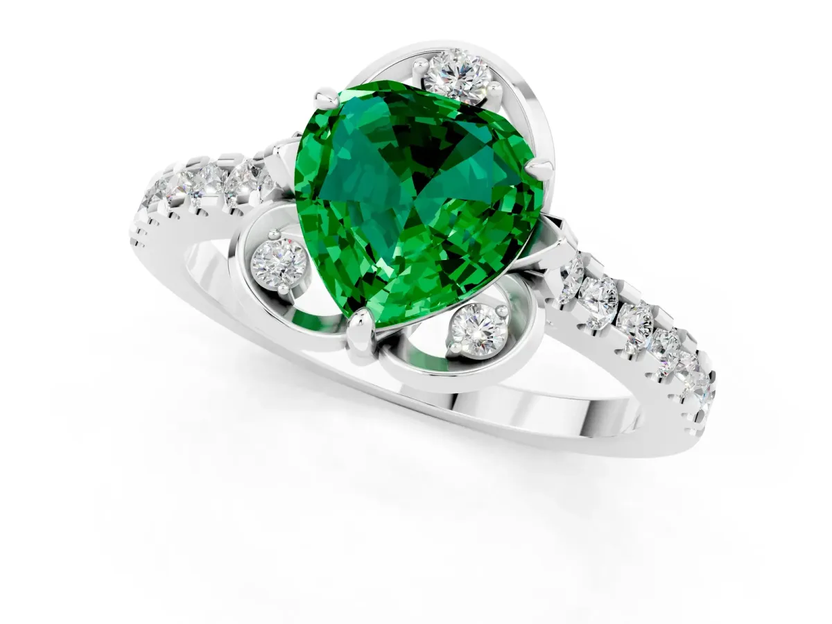 Heart Cut Emerald Ring with Pavé Band and Floral Prong Setting Silver