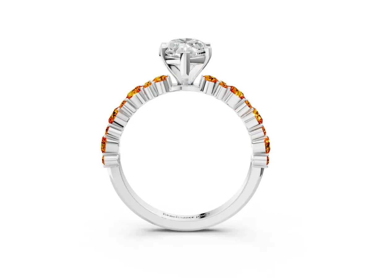 Marquise Cut Diamond Side Stone Solitaire Ring with Round Citrine and Four-Prong Setting Silver